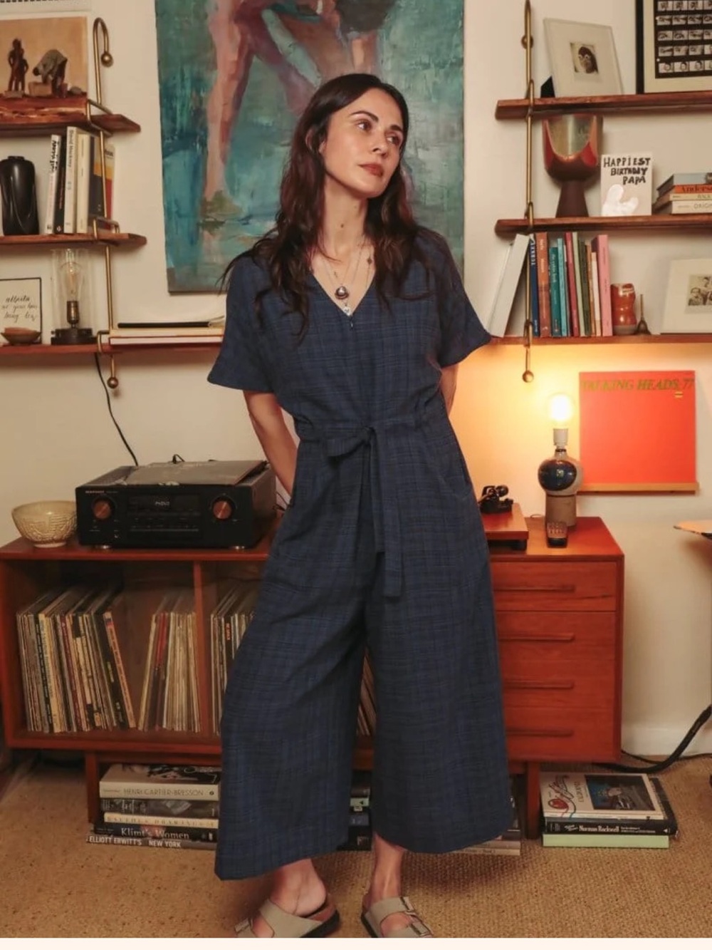 Oddbird Navy Short-Sleeve V-Neck Tie-Waist Wide-Leg Jumpsuit